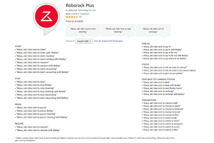 Overview of all voice commands for Alexa on the Roborock S5 Max and the S7